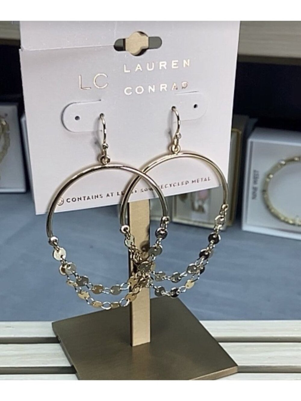 LC Lauren Conrad Hoop Earrings W Tiny Dangle Charms GoldTone 3" NEW